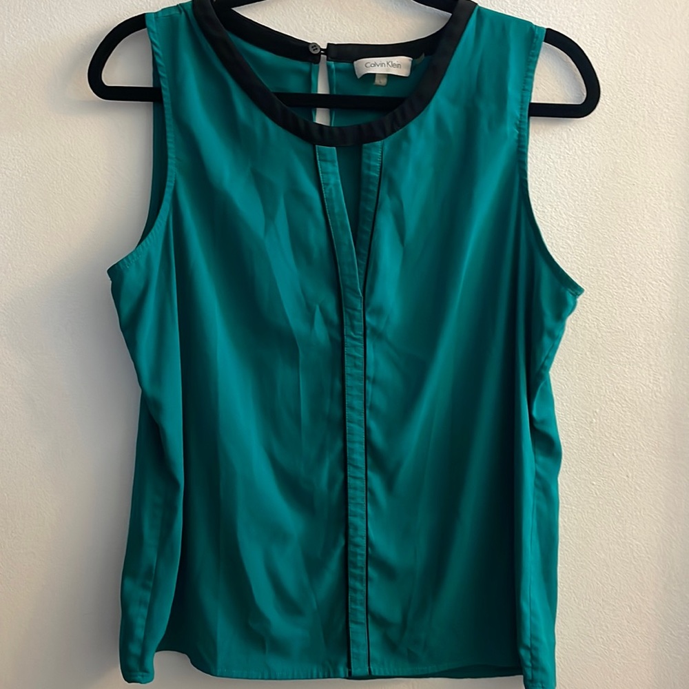 Calvin Klein Womens V-Neck Sleeveless Blouse Green Black Size Large